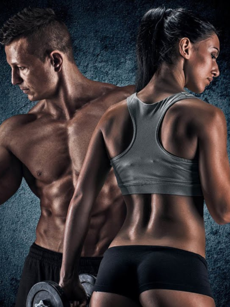 treino para aumentar massa muscular. foto de um atleta masculino e uma atleta feminina