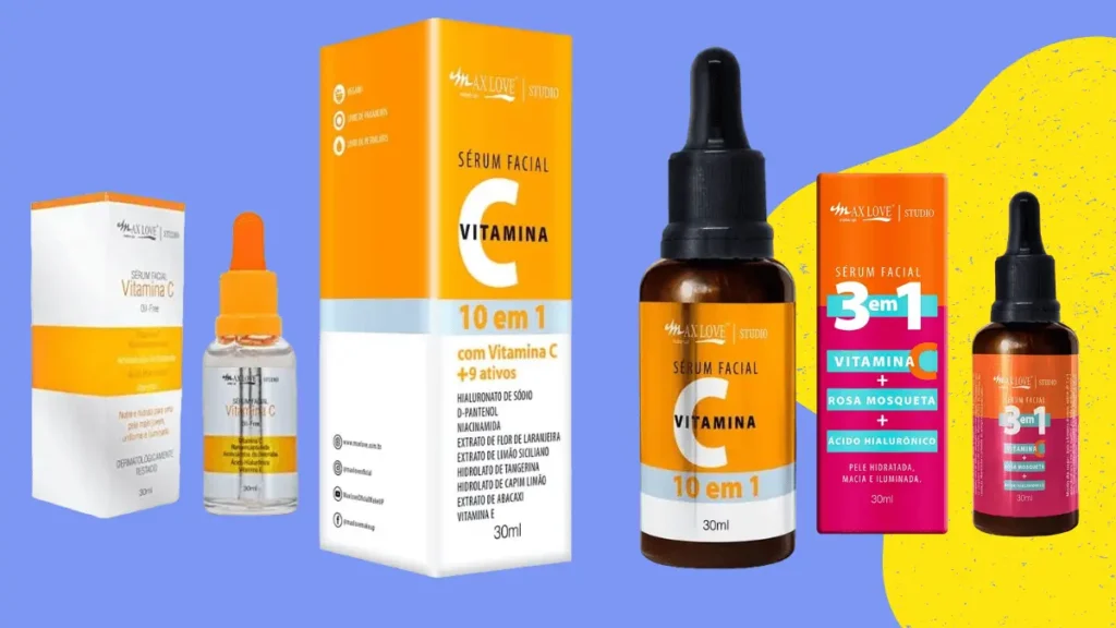 3 Embalagens de Vitamina Max Love com fundo azul e amarelo. Vitamina max love é boa