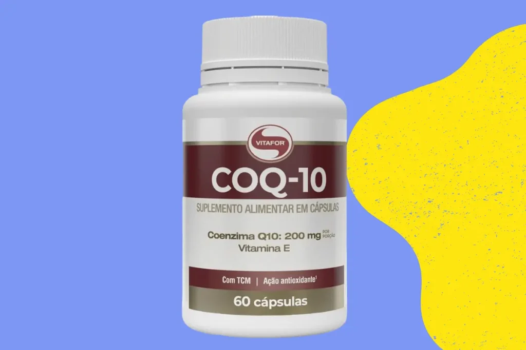 Imagem do frasco de Coenzima COQ-10 da Vitafor, com fundo azul e amarelo. Coenzima Q10 Vitafor é boa